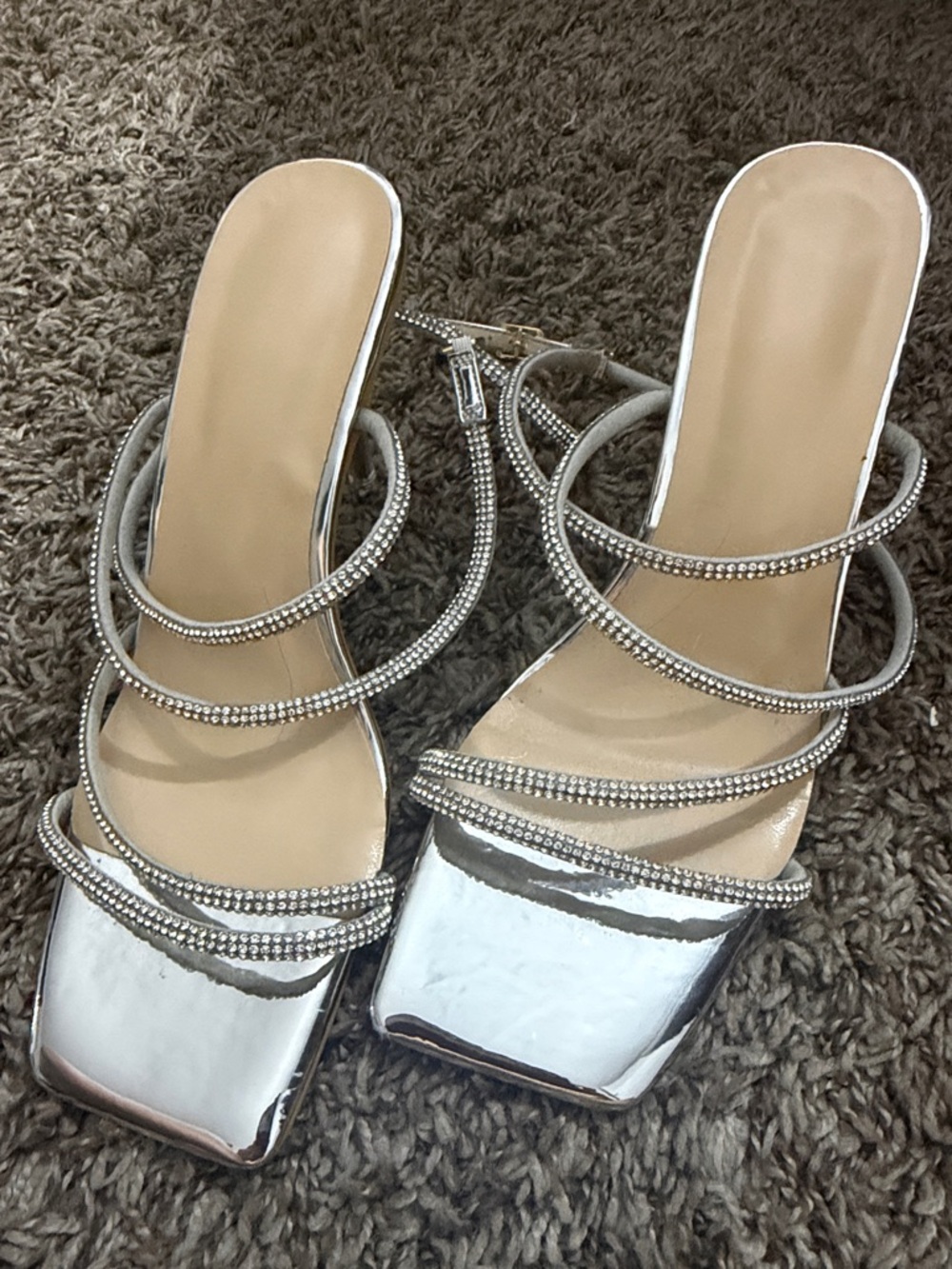 Silver Rhinestone Strappy Slide Heels - Women